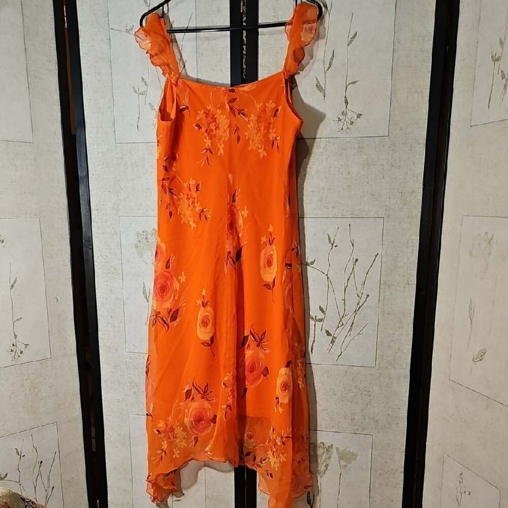 New York & Company Orange Sundress with Flutter Sleeves and Square Neck